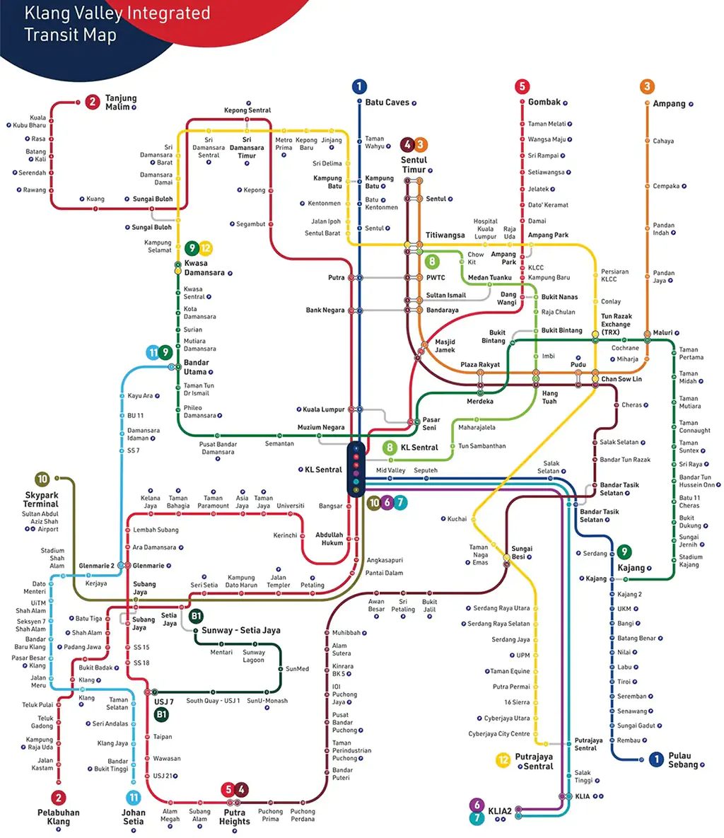 Kuala Lumpur integrated rail network map showing MRT, LRT, Monorail and KTM lines
